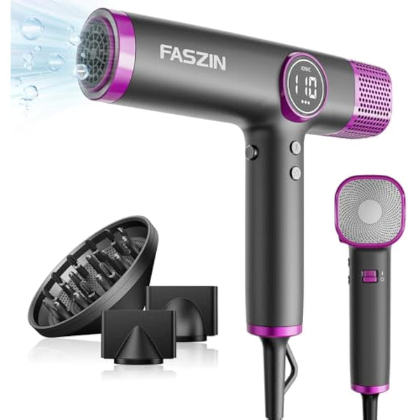 Faszin Hair Dryer, Lightweight Hairdryer with 110,000 RPM High Speed Motor for Fast Drying, 200 Million Ionic Hairdryers for Women & Men, Low Noise Hair Dryers, with 3 Magnetic Nozzle (Gray)