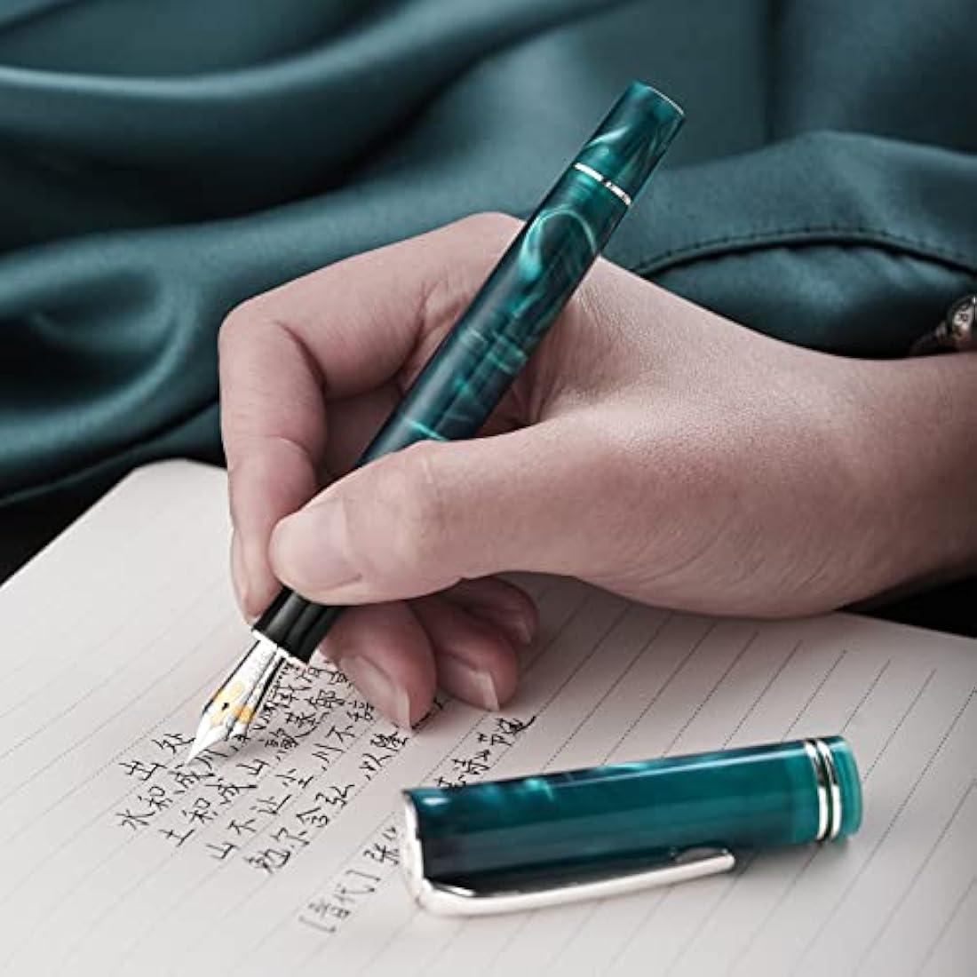 Hongdian N2 Fountain Pen, Iridium Extra Fine Nib Teal Blue Acrylic Design, Smooth Writing Pen with Converter and Metal Pen Box Set