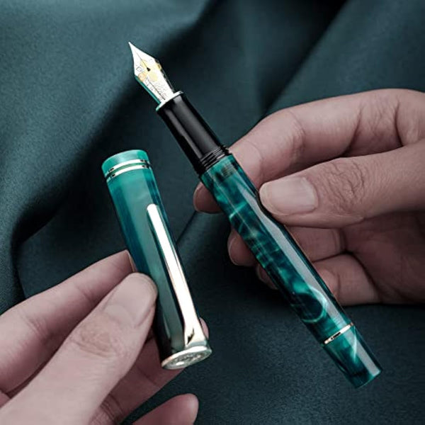 Hongdian N2 Fountain Pen, Iridium Extra Fine Nib Teal Blue Acrylic Design, Smooth Writing Pen with Converter and Metal Pen Box Set