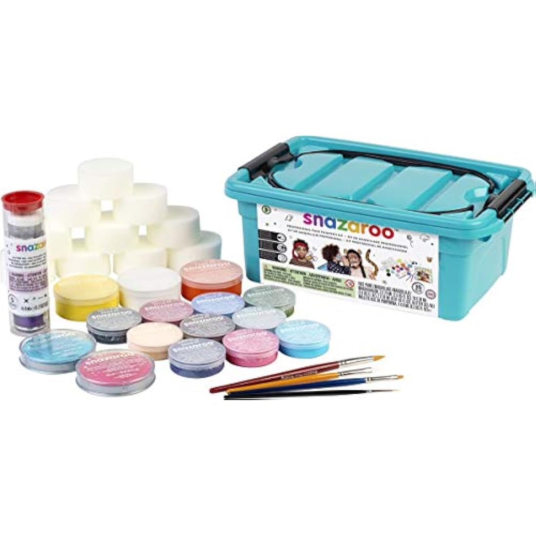 Snazaroo Professional Face Paint Kit for Kids and Adults, 35 Pieces, 15 Colours, Brushes, Glitter Gels, Sponges, Guide, Water Based, Easily Washable, Makeup, Body Painting