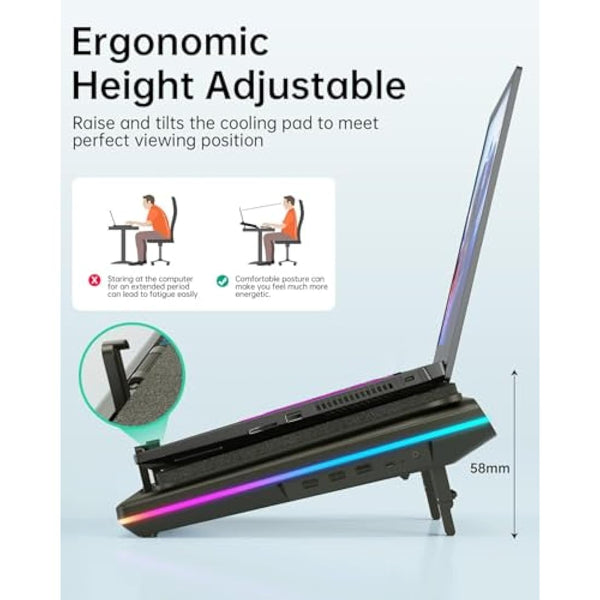 llano RGB Laptop Cooling Pad with Powerful Turbofan Gaming Cooler Radiator with Infinitely Variable Speed, Touch Control, LCD Screen, 3-Port USB Hub, Seal Foam for Notebook Computer 15-19in