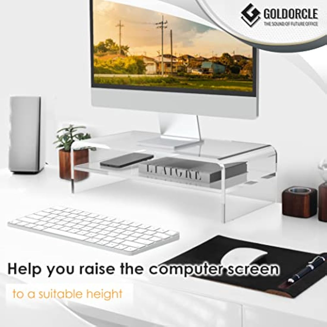 GOLDORCLE 2-Tier Acrylic Monitor Stand Riser Clear Computer Monitor Stand for Laptop PC Printer Computer Riser Acrylic Tray Laptop Storage Shelf