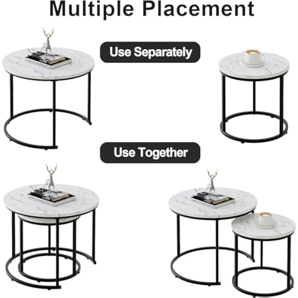 Huhote Round Coffee Tables, Set of 2 End Table, Nesting Tables, Side Table with Metal Frame for Living Room/Bedroom/Balcony/Office/Apartment, Diameter 23.6/15.7 IN (Black Frame, White Marble Top)