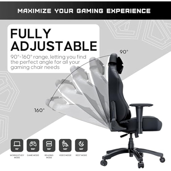 Anda Seat Luna Large Gaming Chair for Adults - Ergonomic Reclining Video Game Chairs, PVC Leather Computer Home Office Chair, Heavy Duty Neck & Back Lumbar Support - Black Folding Recliner Seat