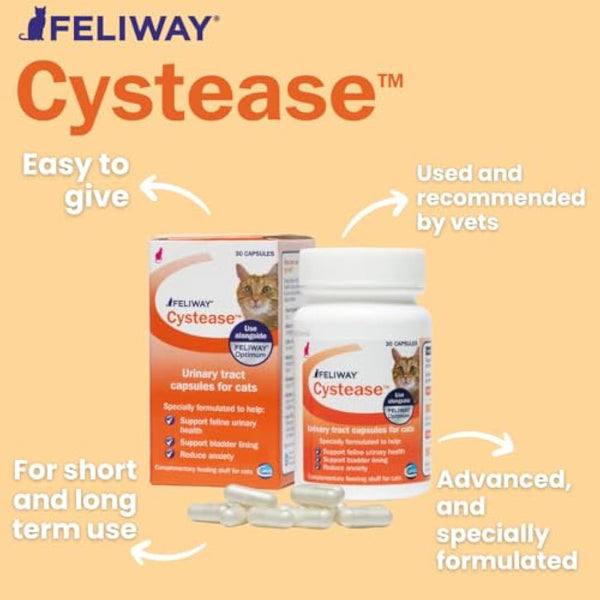 Feliway Cystease 30 Capsule Pack, 30 Feliway Cystease Capsules For Cats Urinary Tract Infection Treatment, Cat Supplements To Help Stress Related Bladder Issues And Reduce Cat Anxiety In Your Pet