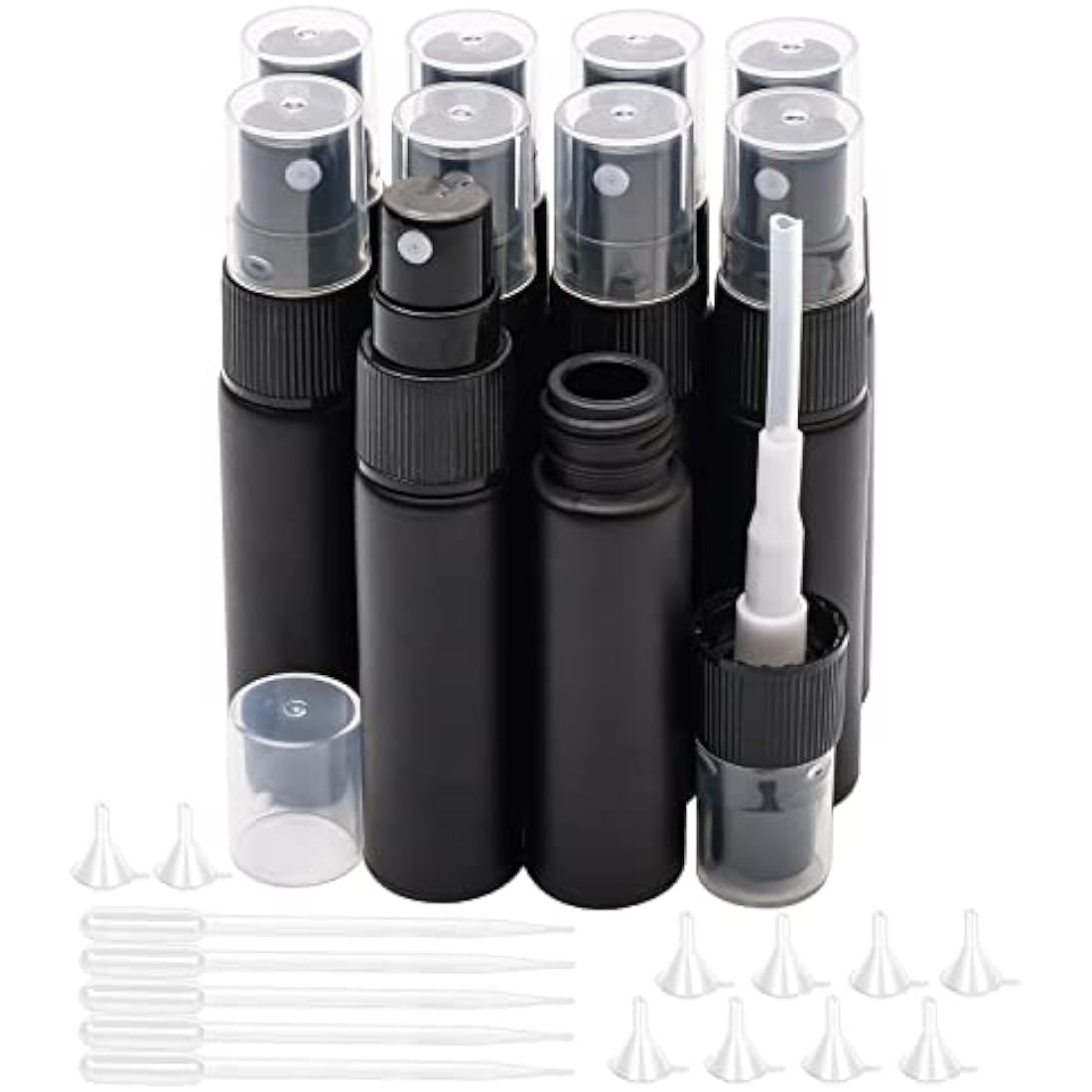 Unxuey 10 pcs 10 ml Pure Black Perfumes Spray Bottles, Glass Empty Dispenser Atomizer Refillable Sample Container for Various Water based Liquids with 10 Funnels+5 Droppers