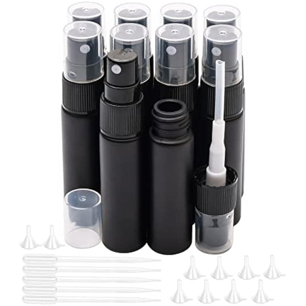 Unxuey 10 pcs 10 ml Pure Black Perfumes Spray Bottles, Glass Empty Dispenser Atomizer Refillable Sample Container for Various Water based Liquids with 10 Funnels+5 Droppers