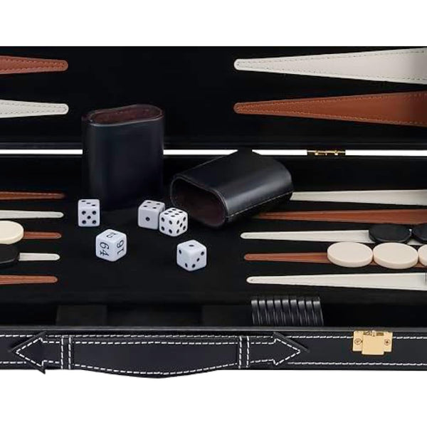 Engelhart – 250504 – Deluxe Backgammon Game 18” – Brown/Ivory – Open: 45.5 x 30.5 x 6 cm –Felt interior – Faux leather points – Metal clasps – 2 players – 5 dice, 2 cups matching checkers