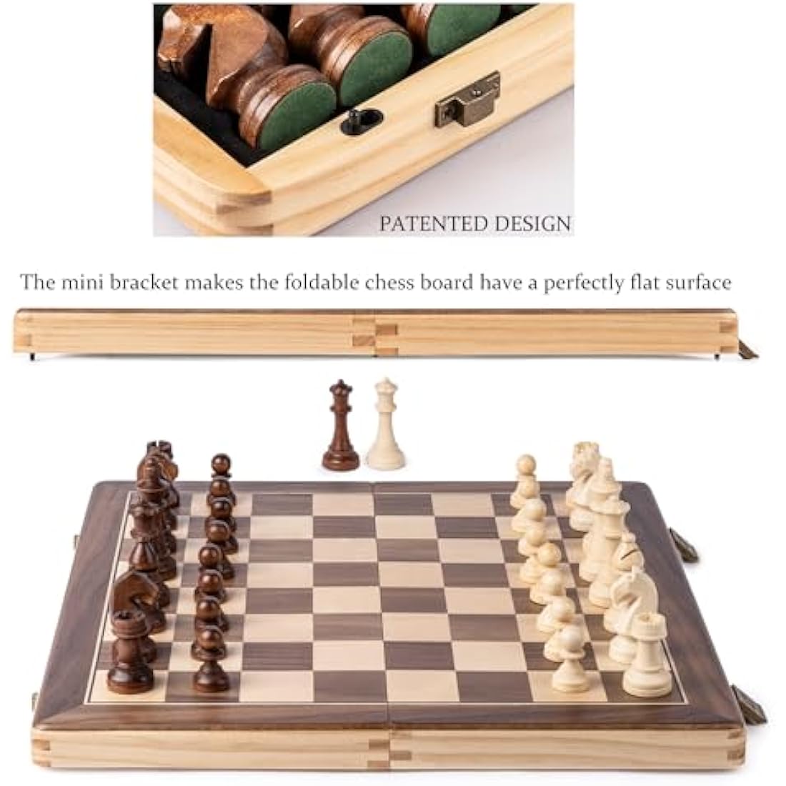 A&A 15 inch Wooden Folding Chess & Checkers Set w/ 3 Inch King Height Staunton Chess Pieces / 2 Extra Queens…