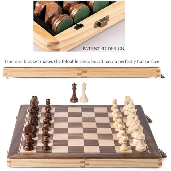 A&A 15 inch Wooden Folding Chess & Checkers Set w/ 3 Inch King Height Staunton Chess Pieces / 2 Extra Queens…