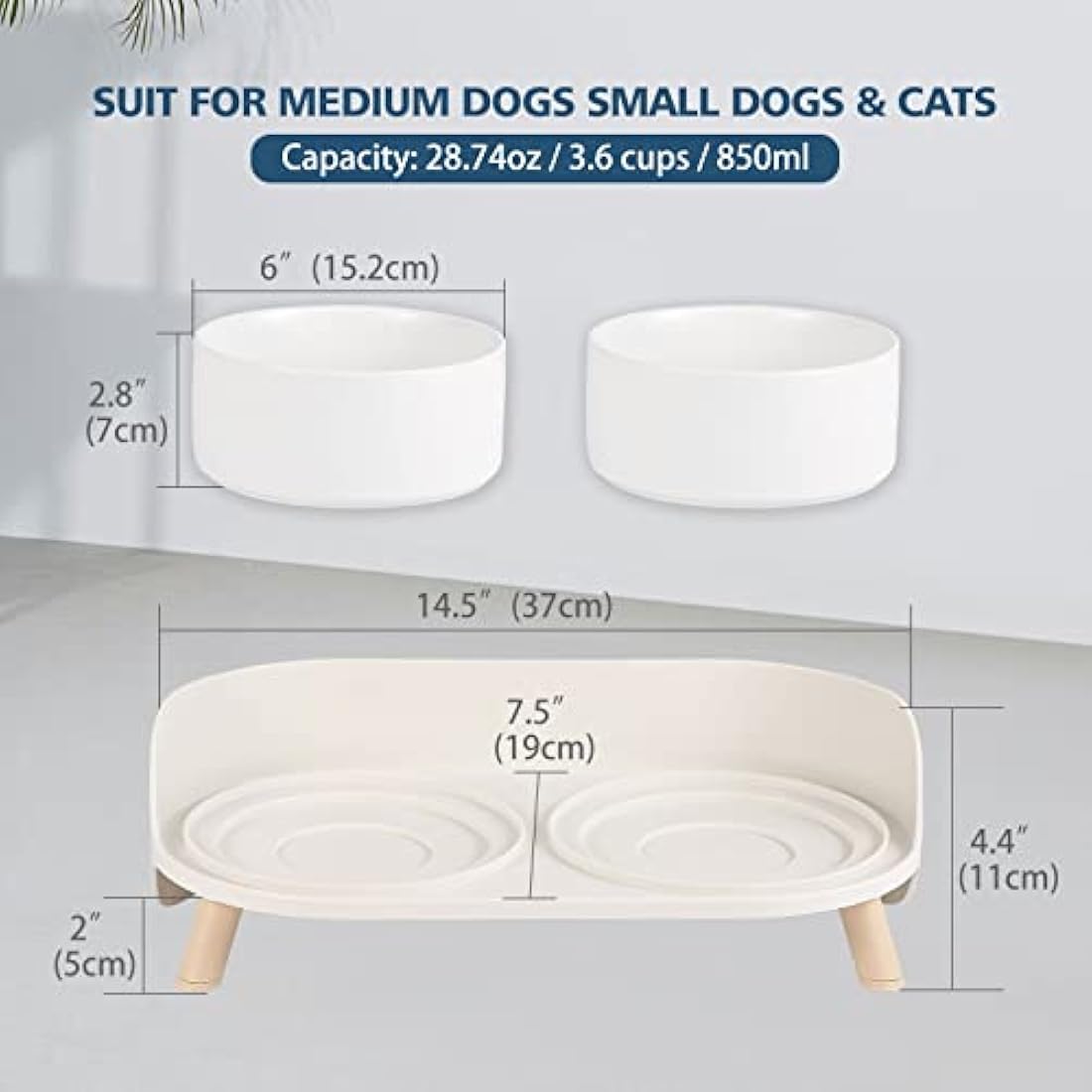 Elevated Dog Food Water Bowl - Raised Dog Bowls with Stand Non Skid - Double Dog Feeding Bowl Set with Splash Proof Guard - Ceramic Pet Dish for Small to Medium Dogs and Large Cats - 28.74 oz - 850 ml