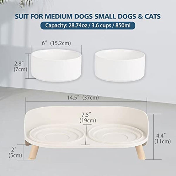 Elevated Dog Food Water Bowl - Raised Dog Bowls with Stand Non Skid - Double Dog Feeding Bowl Set with Splash Proof Guard - Ceramic Pet Dish for Small to Medium Dogs and Large Cats - 28.74 oz - 850 ml