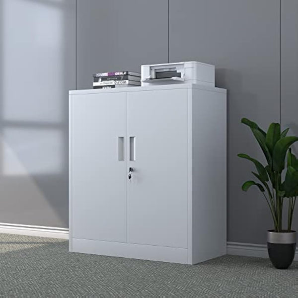 iJINGUR Metal Storage Cabinet with Locking Doors and 2 Adjustable Shelves, Small Lockable Storage Cupboard for Home Office Garage (White)