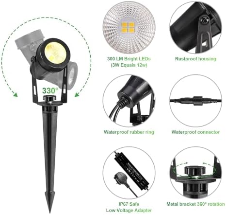IRISECO 4-1 Garden Spot Lights, 15M Outdoor Spotlight with Adapter, 12V Low Volt LED Garden Lighting, IP65 Waterproof, Outdoor Spot Lights Mains Powered for Yard (3000K)