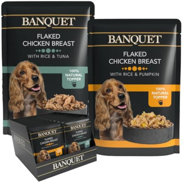 HiLife Banquet Adult Wet Dog Food, Flaked Chicken Breast with Rice & Tuna / Flaked Chicken Breast with Rice & Pumpkin, 100% Natural Ingredients (30 Pouches x 100g)