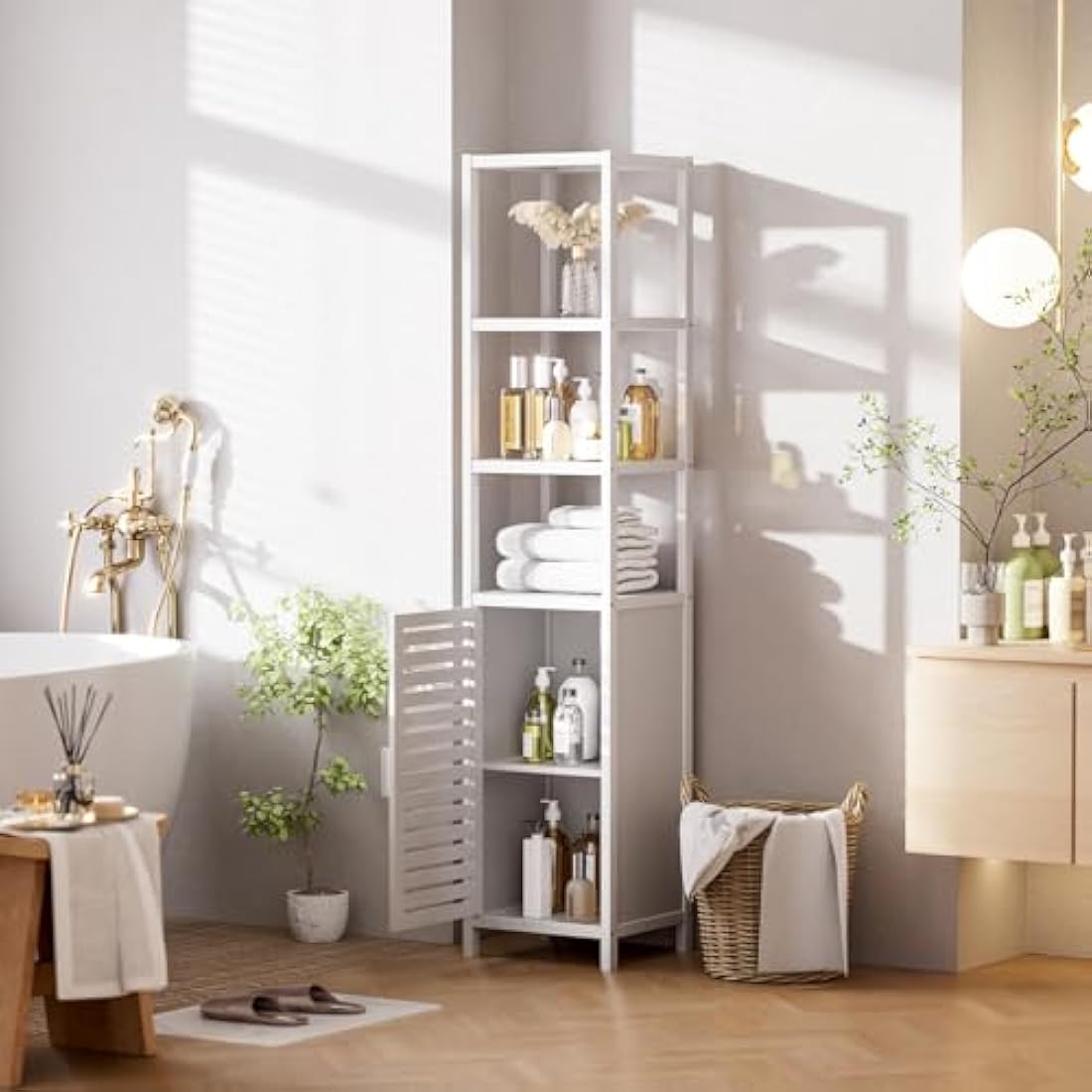 HITNET Bathroom Storage Cabinet, Bamboo Tall Narrow Linen Floor Standing Tower Organizer with Shutter Door and 4 Open Shelves for Kitchen, Living Room, Bedroom, White