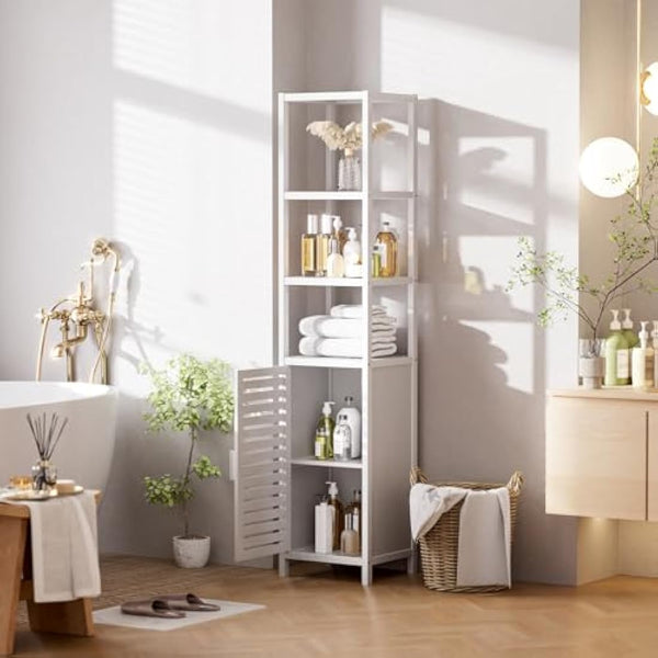 HITNET Bathroom Storage Cabinet, Bamboo Tall Narrow Linen Floor Standing Tower Organizer with Shutter Door and 4 Open Shelves for Kitchen, Living Room, Bedroom, White