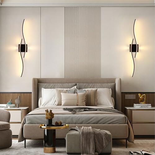 EIDISUNY Led Wall Light, 80cm 28W Black Indoor Modern Wave bar LED Wall Lamp for Living Room Indoor Hallway Bedroom Kitchen Stairs Bedside Vanity Mirror Sconce Light -Black Warm White Light 3000K