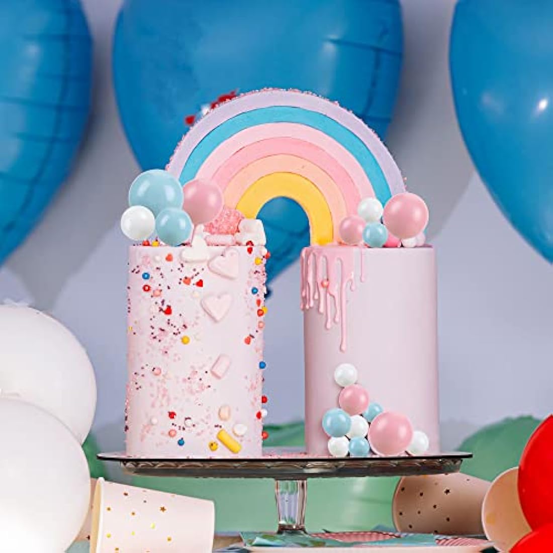 Gyufise 30Pcs Balls Cake Topper Foam Ball Cake Picks Faux Pearl Ball Shaped Cupcake Insert Cake Topper for Baby Shower Wedding Anniversary Kids Birthday Party Cake Decorations White Blue Pink