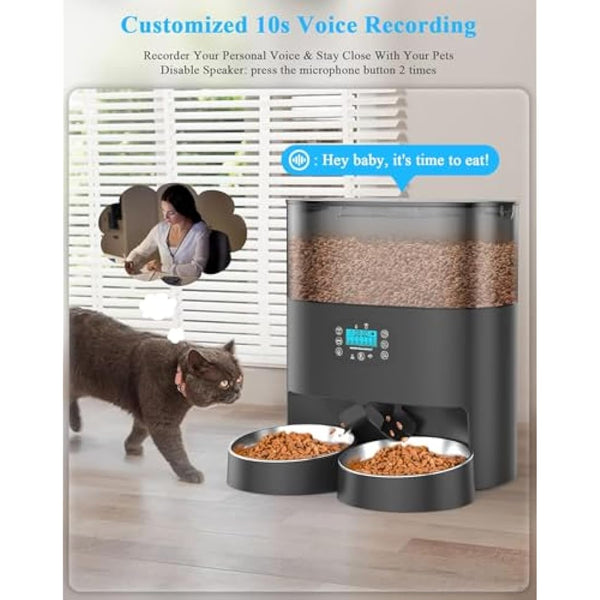 HoneyGuaridan Automatic Cat Feeder 2 Bowls, 6 L Automatic Feeder for Cats with Timer, Splitter and 2 Stainless Steel Bowls, 1-6 Meals a Day & 10s Voice Message - for Small/Medium Pets
