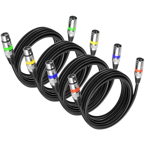 4 Pack 3 Pin DMX Cable - 3m/10ft Female to Male XLR, Mic Leads for Stage Lights or DJ Mixer System