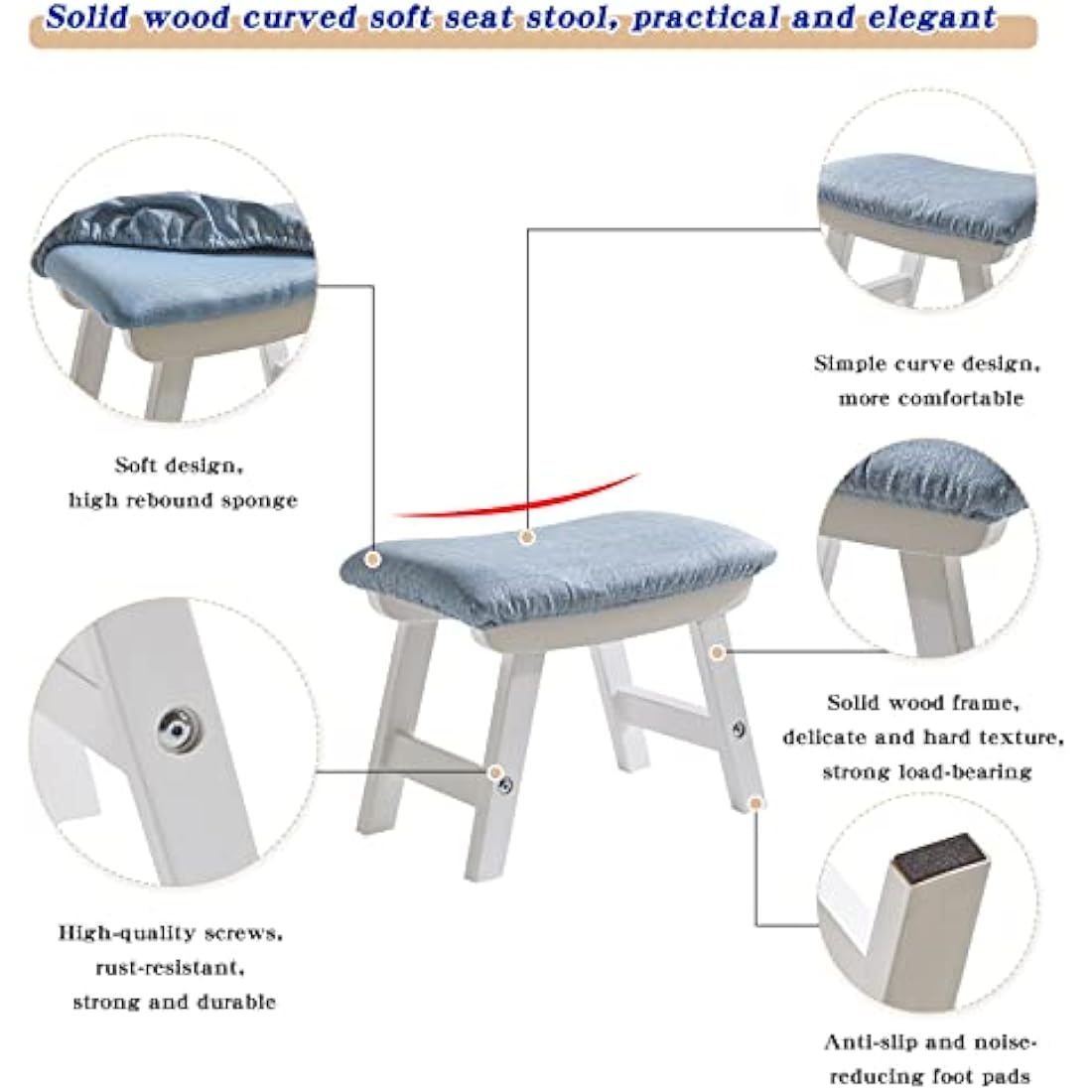 Aibiju Wooden Footstool, Foot Stool Ottoman Pouffe Padded Chair Stool with Removable Cover 4 Beech Legs Suitable for Bedroom, Living Room and Kitchen, (White leg + Blue cushion), YDEU-1357