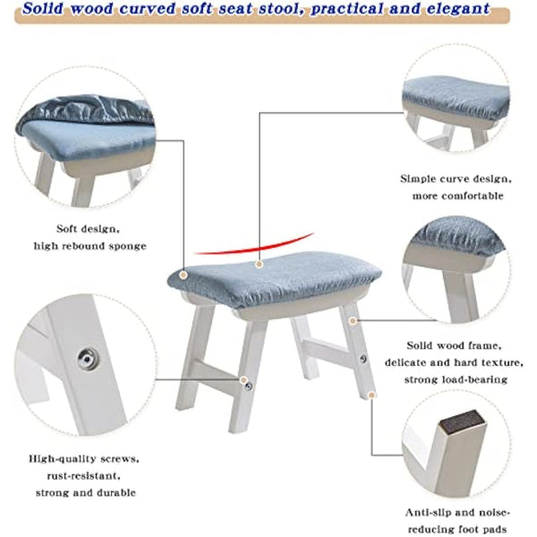 Aibiju Wooden Footstool, Foot Stool Ottoman Pouffe Padded Chair Stool with Removable Cover 4 Beech Legs Suitable for Bedroom, Living Room and Kitchen, (White leg + Blue cushion), YDEU-1357