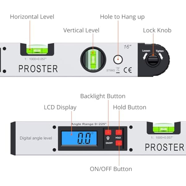 Proster Angle Finder 0-225° Digital Protractor with Battery and Pouch 400mm/16 inch Angle Ruler with Spirit Levels and Backlit LCD Digital Angle Measuring Tool for Roofing Engineering