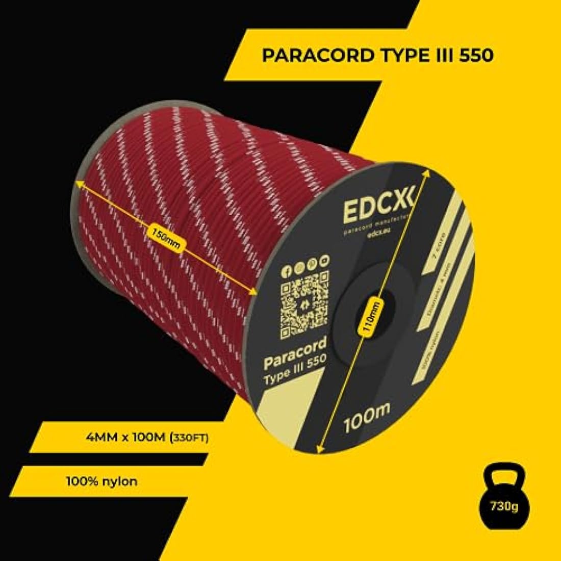 EdcX 4mm Rope 550 - Type III, 100% Rope, 7 Strand Rope, 4mm Rope in Solid Colors