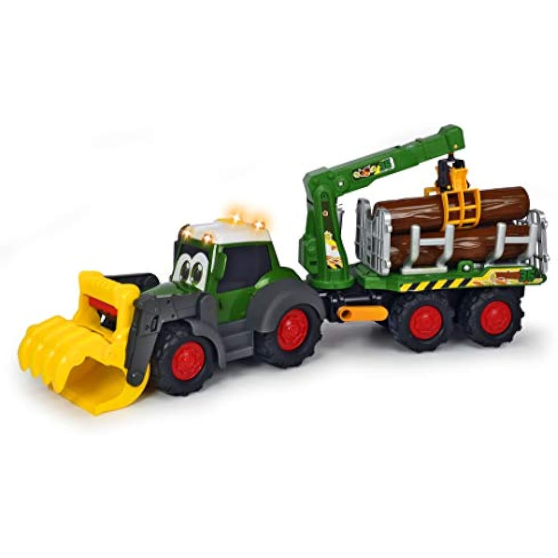 Dickie Toys 204119001 Happy Fendt Forest Toy Excavator with Trailer Mechanical Claw Over Handle Tree Trunks, Light & Sound, Batteries Included 65 cm Long, Green