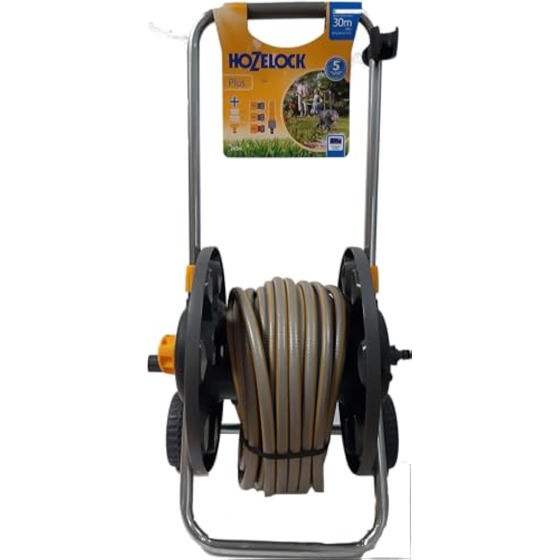 HOZELOCK - Cart Reel Plus 30m (ø 12.5mm) Assembled : Max Capacity 60m, 1-piece Rewind Handle, Sturdy Frame for General Use, Supplied Assembled with 30m Hose, 1 Nozzle and Fittings Included [2434R0000]