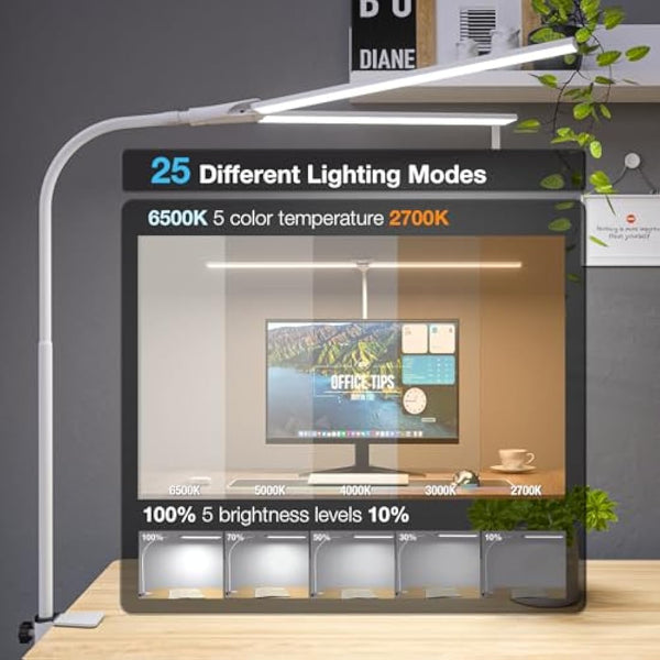 Hensam Desk Lamp, 80CM White Desk Lights Bar for Study, Clip On Desktop Computer Lighting with Gooseneck, Bright Dimmable Task Table Lamp for Work Reading Craft Students