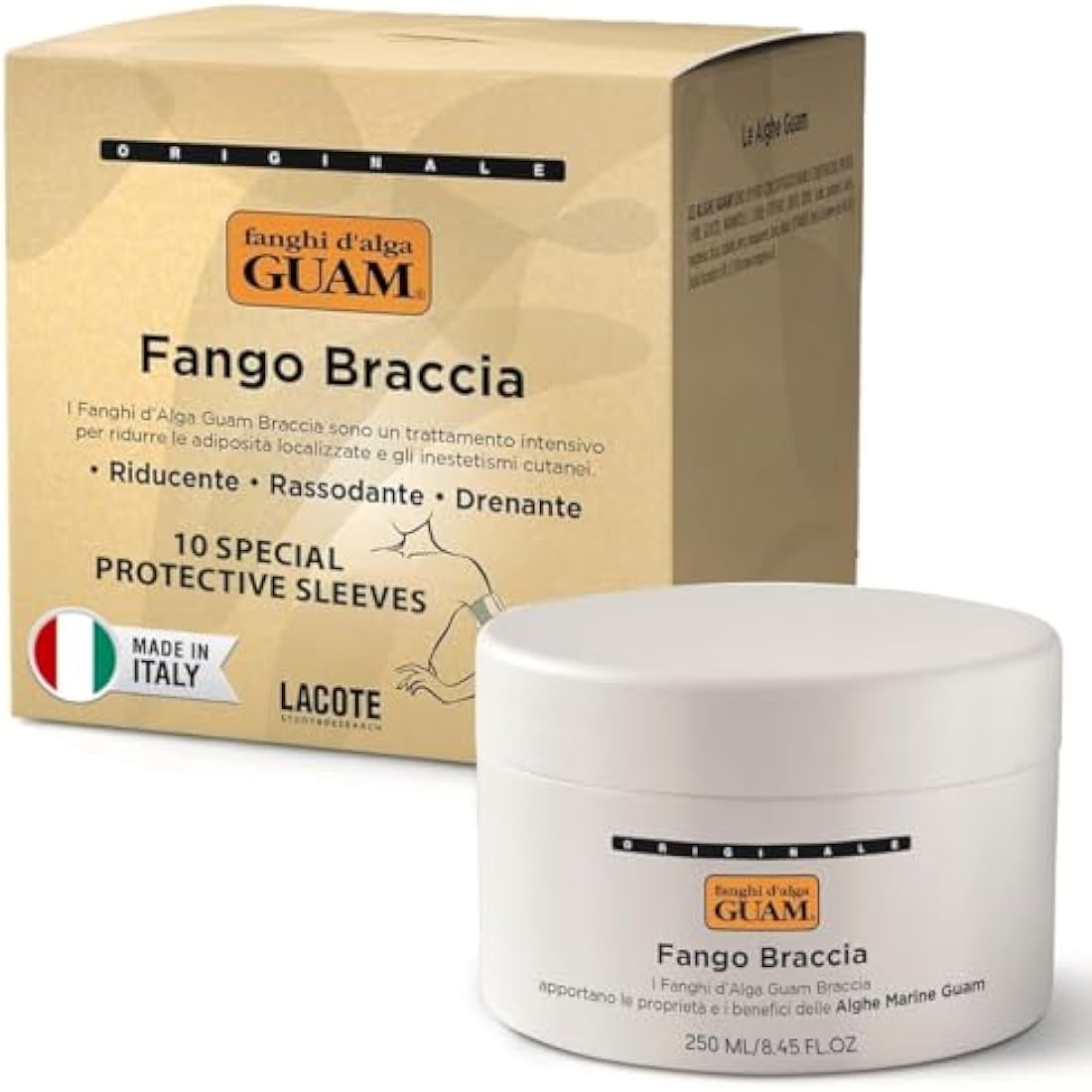 GUAM Seaweed Mud Arms Slimming Cellulite Cream – 250 ml Inner Arm Skin Firming Cream – Slimming & Draining Anti Cellulite Treatment – Improves Elasticity & Microcirculation + 10 Protective Arm Sleeves