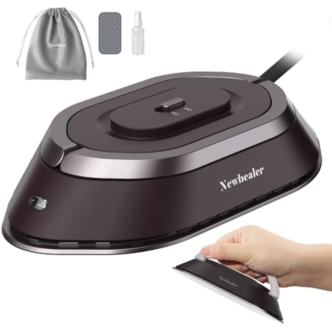 Newbealer Travel Iron - Mini Iron with Dual Voltage-220V/120V for Clothes, Compact Iron with Small Pouch for Global Travel, Quilting & Sewing, Brown