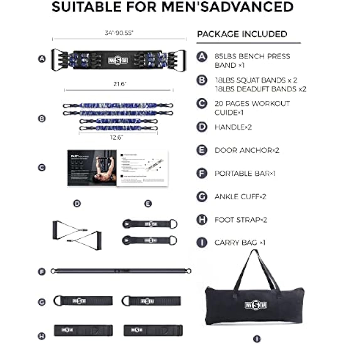 INNSTAR Portable Home Gym Set with Workout Bar, Bench Press Set, Squat Resistance Band, Door Anchor and More-Full Body Workout Equipment to Build Muscle and Shape Body