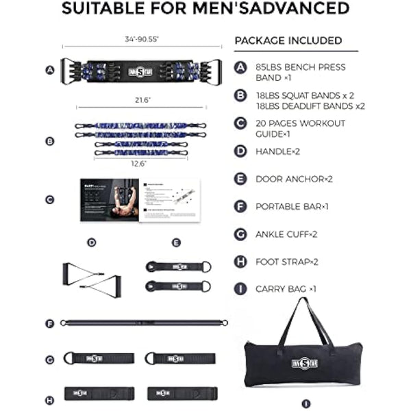 INNSTAR Portable Home Gym Set with Workout Bar, Bench Press Set, Squat Resistance Band, Door Anchor and More-Full Body Workout Equipment to Build Muscle and Shape Body