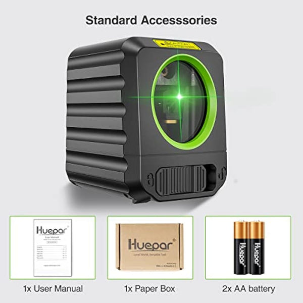Huepar Self-Leveling Green Beam Cross Line Laser Level - Vertical and Horizontal, 100ft Alignment Tool for Picture Hanging and DIY, Battery Included-B011G