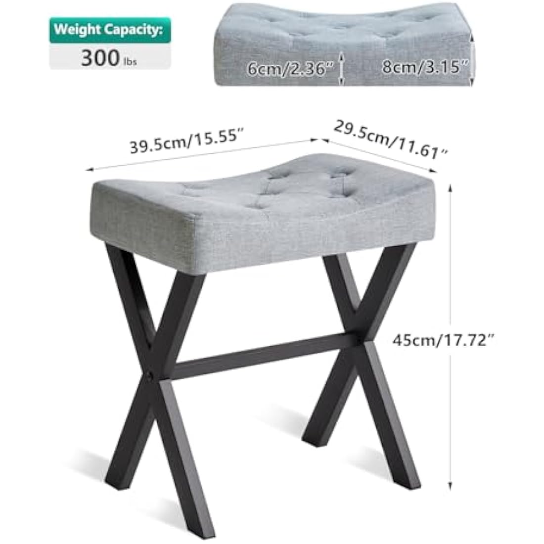 IBUYKE U-shaped Linen Vanity Stool, Square Makeup Stool with X-Leg, Ottoman Seat Footrest Stool, Multi-Use as Small Side Table, for Bedroom, Living Room, Blue Gray WBD018L