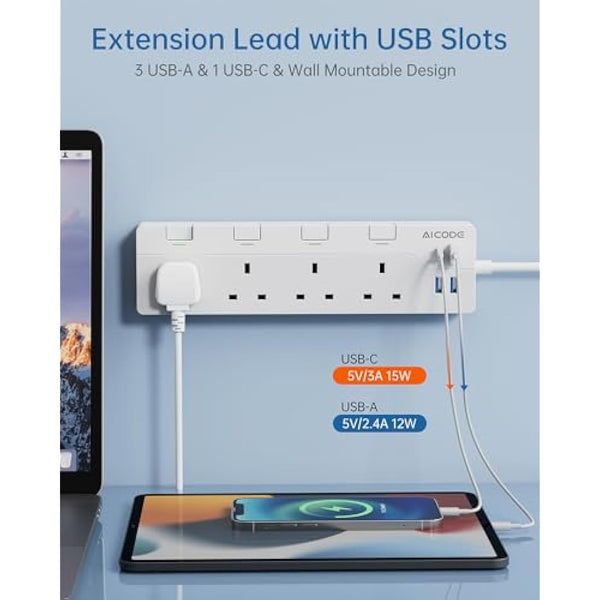 AICODE 4-Way Extension Lead With USB Slots, Surge Protected, 1.5M Extension Cable, Individual Switches, 1 USB C & 3 USB A Ports, Multi Plug Adapter Socket, Wall Mount for Home, Office White