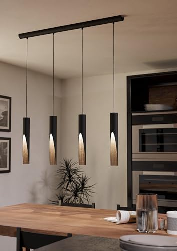 Eglo LED pendant lighting Barbotto, 4 light hanging lamp with indirect lighting, metal ceiling light fixture in black and wood look, GU10 bulb, warm white, FSC certified