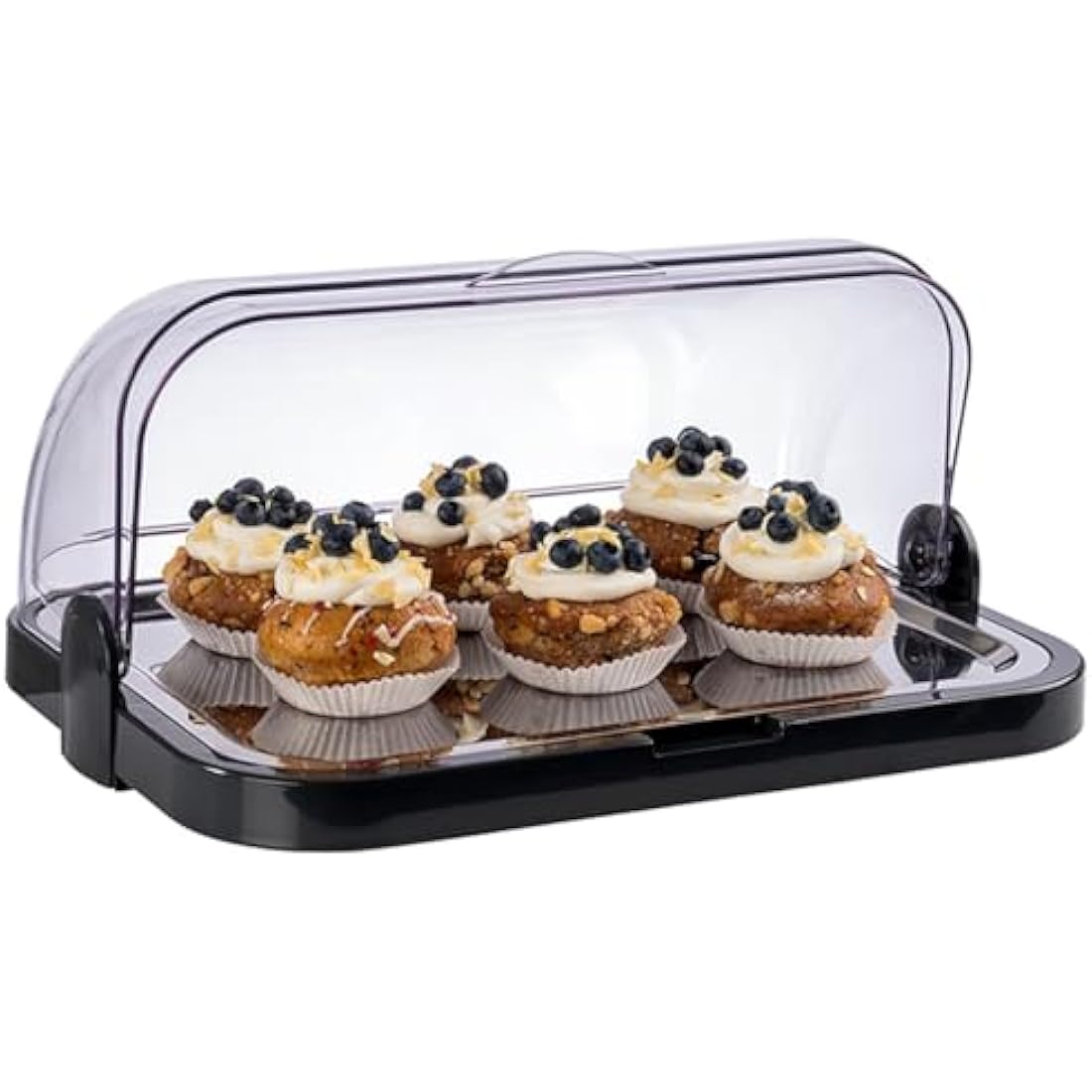 APS Buffet showcase - Double-sided hinged, transparent roll-top bonnet, one bowl, one stainless steel tray and two cooling batteries - Made in Germany