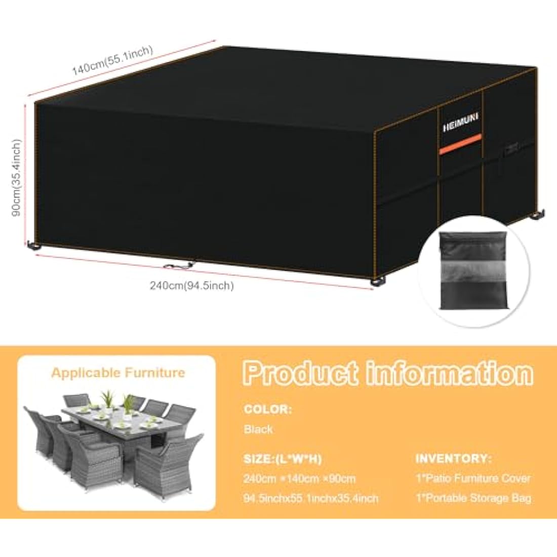 HEIMUNI Garden Furniture Covers, 240x140x90cm Outdoor Table Cover Rectangular, 420D Oxford Fabric Large Patio Set Cover Waterproof Covers for Outdoor Furniture, Table and Chairs Set