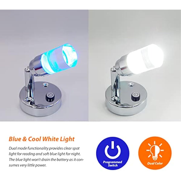 Dream Lighting 2 x 12v Reading Light Cool White - 6000K 2W 100LM with Blue Night Lighting - Wall Sopt Lights for Caravan Campervan Motorhome Boat - Chrome Plated Housing with Clear Acrylic Lampshade