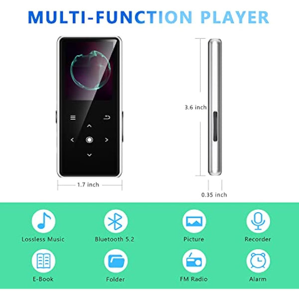 64GB MP3 Player with Bluetooth 5.2, AiMoonsa Music Player with Built-in HD Speaker, FM Radio, Voice Recorder, HiFi Sound, E-Book Function, Earphones Included