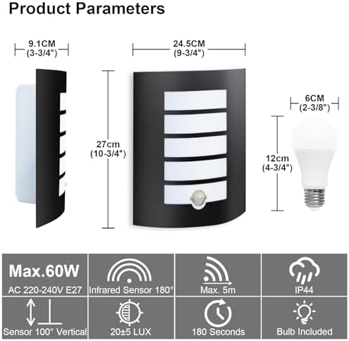 Wondlumi Outdoor Wall Lights Mains Powered PIR Motion Sensor Outside Wall Light Black IP44 Waterproof for Front Door, Porch, Incl. 12W E27 Bulbs Cool White 6000K