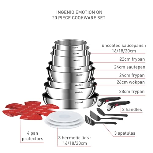 Tefal Ingenio Detachable Handle Pan 20pcs, Stainless Steel, Compact, Compatible with All hobs Induction & Oven, 2-in-1 Pans and bakeware Set, Stackable cookware Set Ideal for Small Kitchen storages