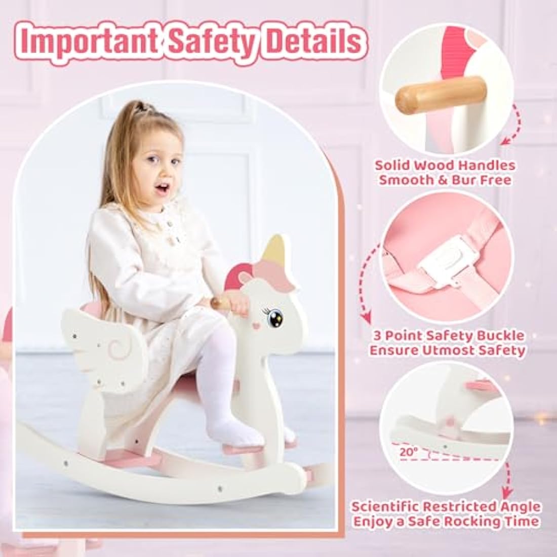 FUNLIO Wooden Unicorn Baby Rocking Horse Ages 0.5-3, Cute Baby Rocking Horse with Safety Belt & Backrest, Easy to Assemble Toddler Ride on Toys, CPC & CE Certified - Pink