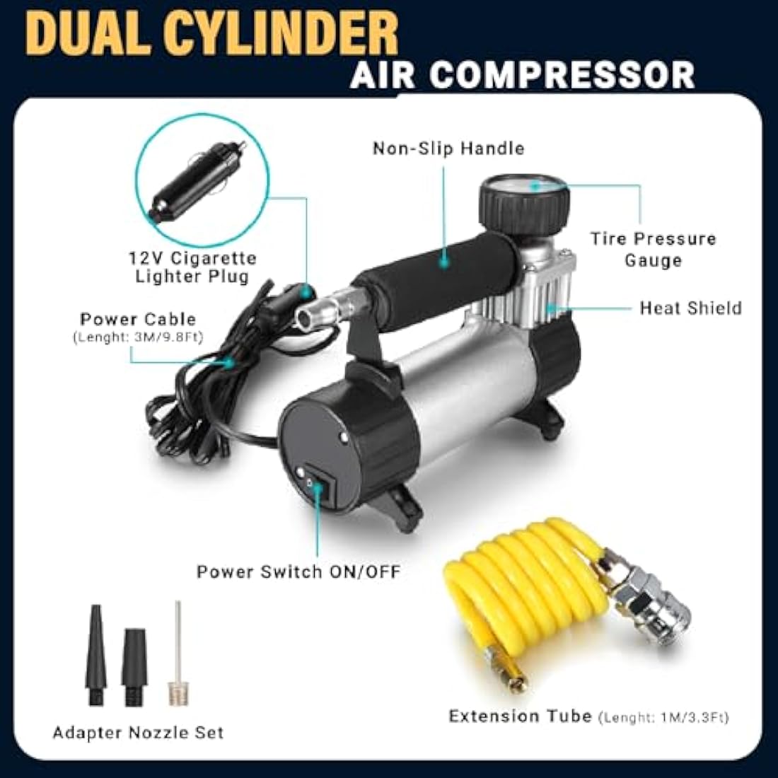 Twilight Garage Portable 12V 150PSI Heavy Duty Compressor Car Tyre Tire Air Inflator pump for Cars Vans Trucks Motorcycles and Other Inflatables