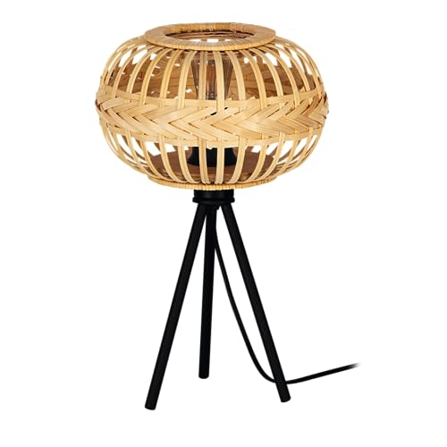 Eglo Tripod Bedside lamp Amsfield 1, Boho Style Light Fixture, Living Room and Bedroom Lighting, Black Metal and Natural Coloured Bamboo, E27 Socket,