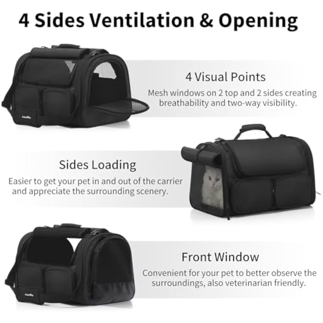 FUKUMARU Cat Carrier, 4 Mesh Windows Small Dog Carrier, 4 Storage Pockets Cat Travel Bag, Under 6.8 Kg Airline Approved Pet Carrier, Rollable Cover for Nervous Cats, Black